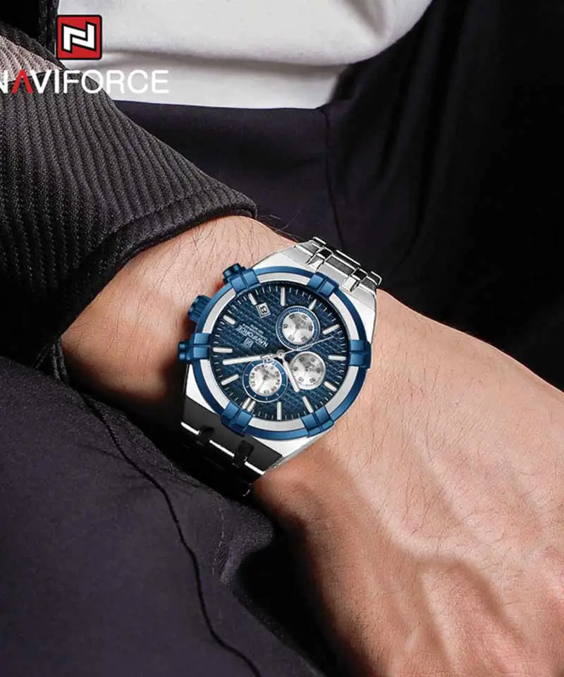 The Naviforce NF-8042 luxury men's watch being worn, showing the 43mm case size.