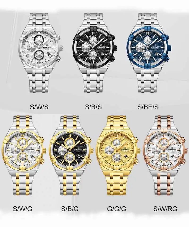 Premium stainless steel strap and buckle design of the Naviforce 8042 silver gold watch