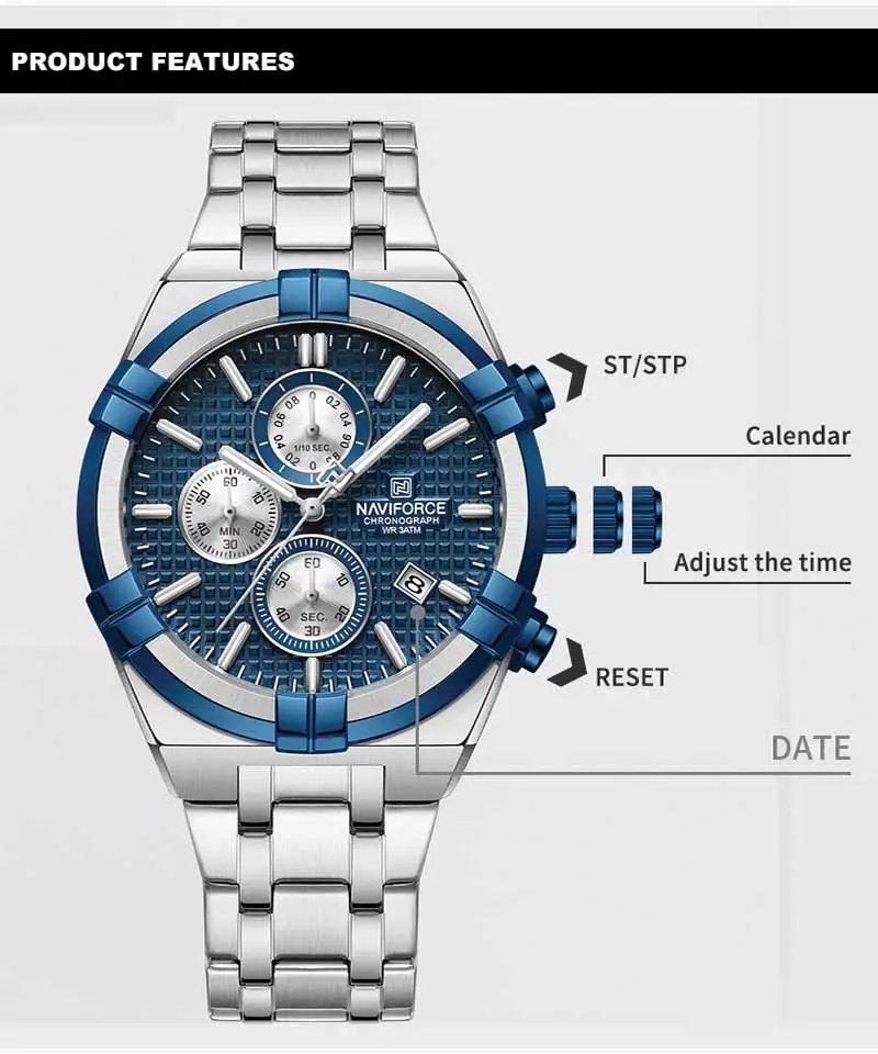 Detailed view of Naviforce NF-8042 multi-functional chronograph sub-dials and date display.