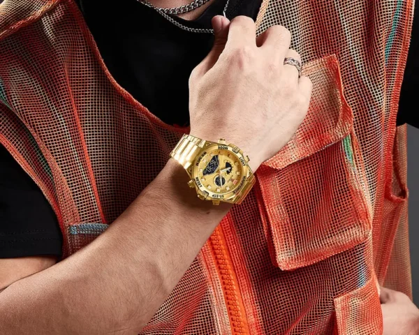 Naviforce 9207 Men's Watch Gold Edition on wrist showing dual display functionality