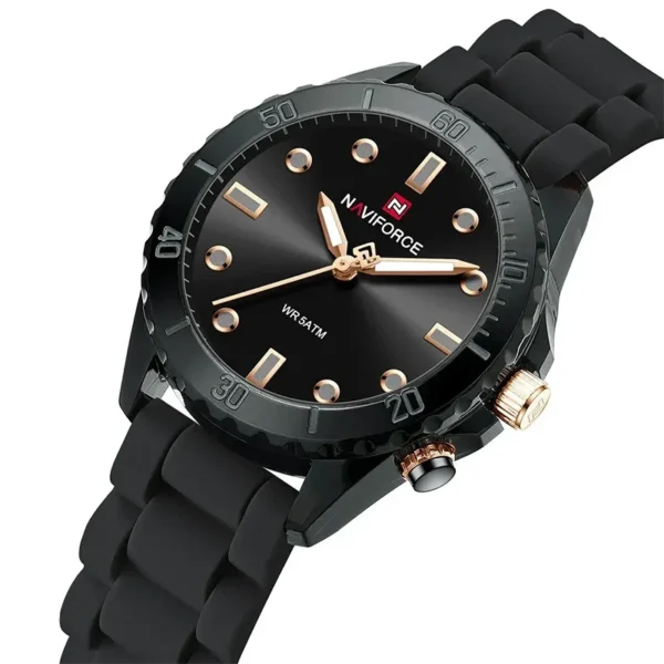 Naviforce 7115 Black Dial Close-up Showing Luminous Hands and 5ATM Waterproof Branding