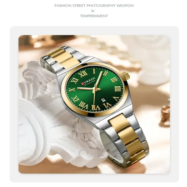 Close look Curren 9095 Emerald Green Dial and Stainless Steel Chain