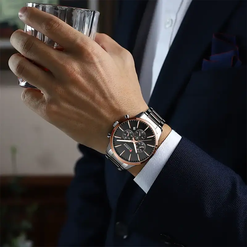 Curren 8435 Silver Black on wrist view modern executive style