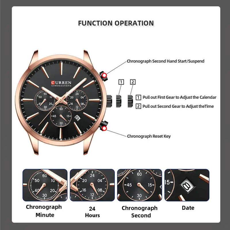 Curren 8435 Chronograph 3ATM Water Resistant Rating and Stainless Steel Back