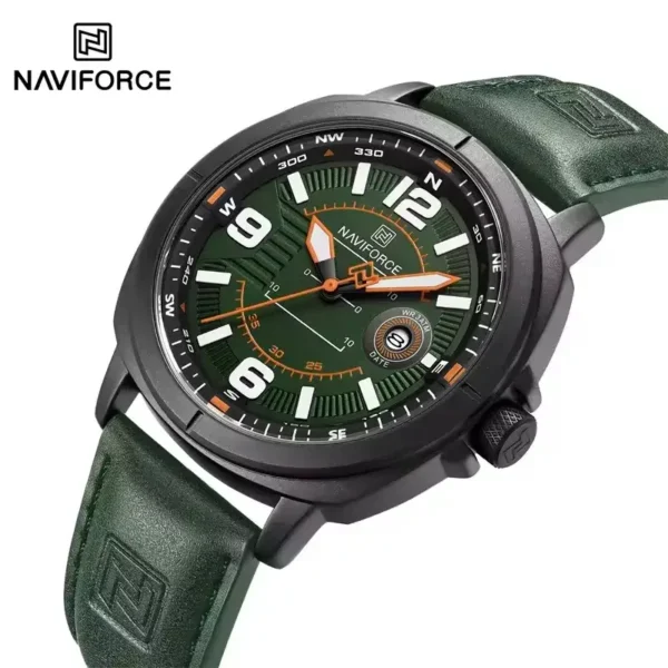 Close look Naviforce 8078 Dial with Arabic Numeral Markers and Date Window