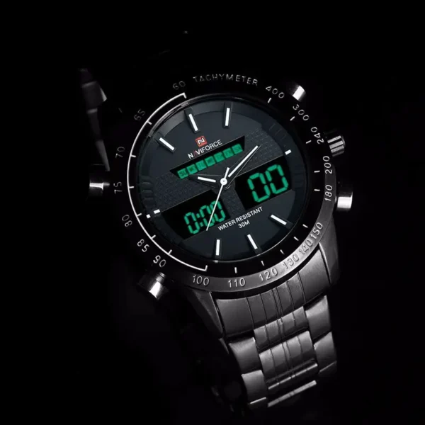 Close look Naviforce 9024 Dual Time Analog Digital LCD Dial face