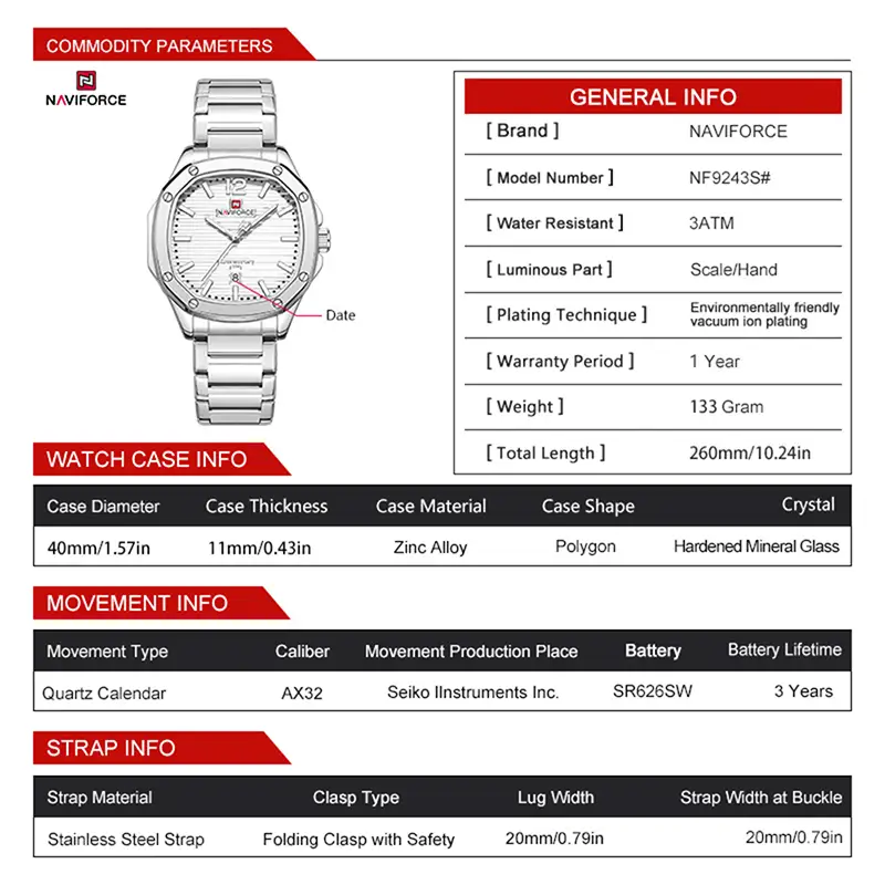 Naviforce 9243 For Men Silver White 02